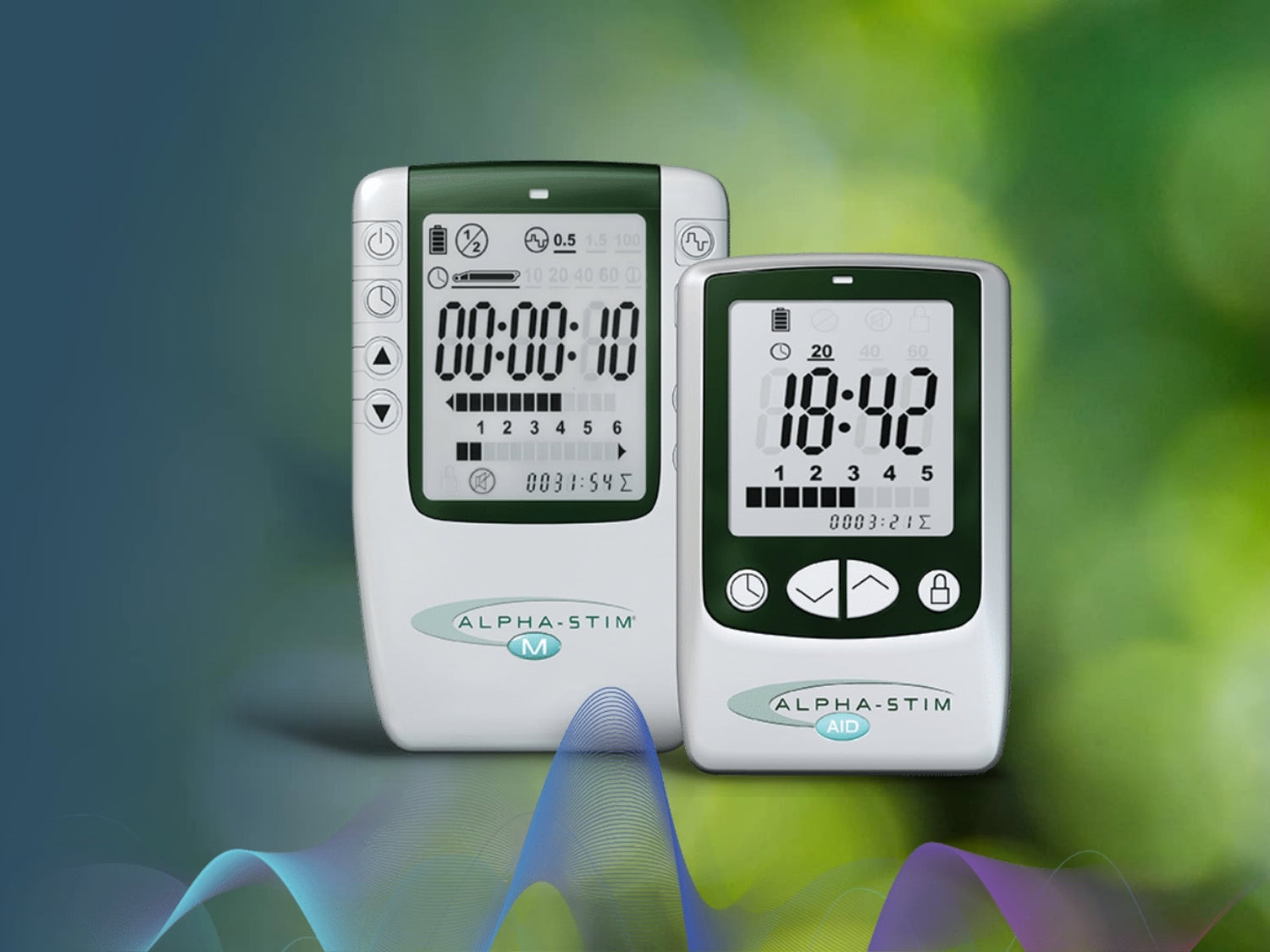 Two electronic devices labeled 'Alpha-Stim' on a blurred natural background