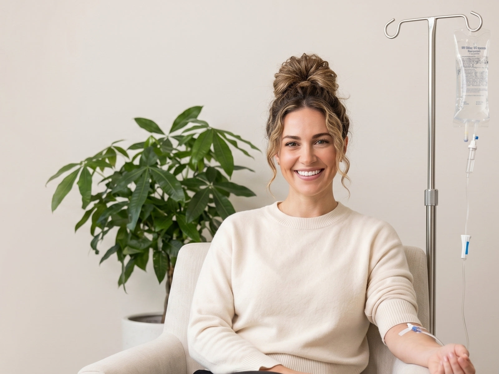 Woman sitting in a chair during an IV therapy visit.